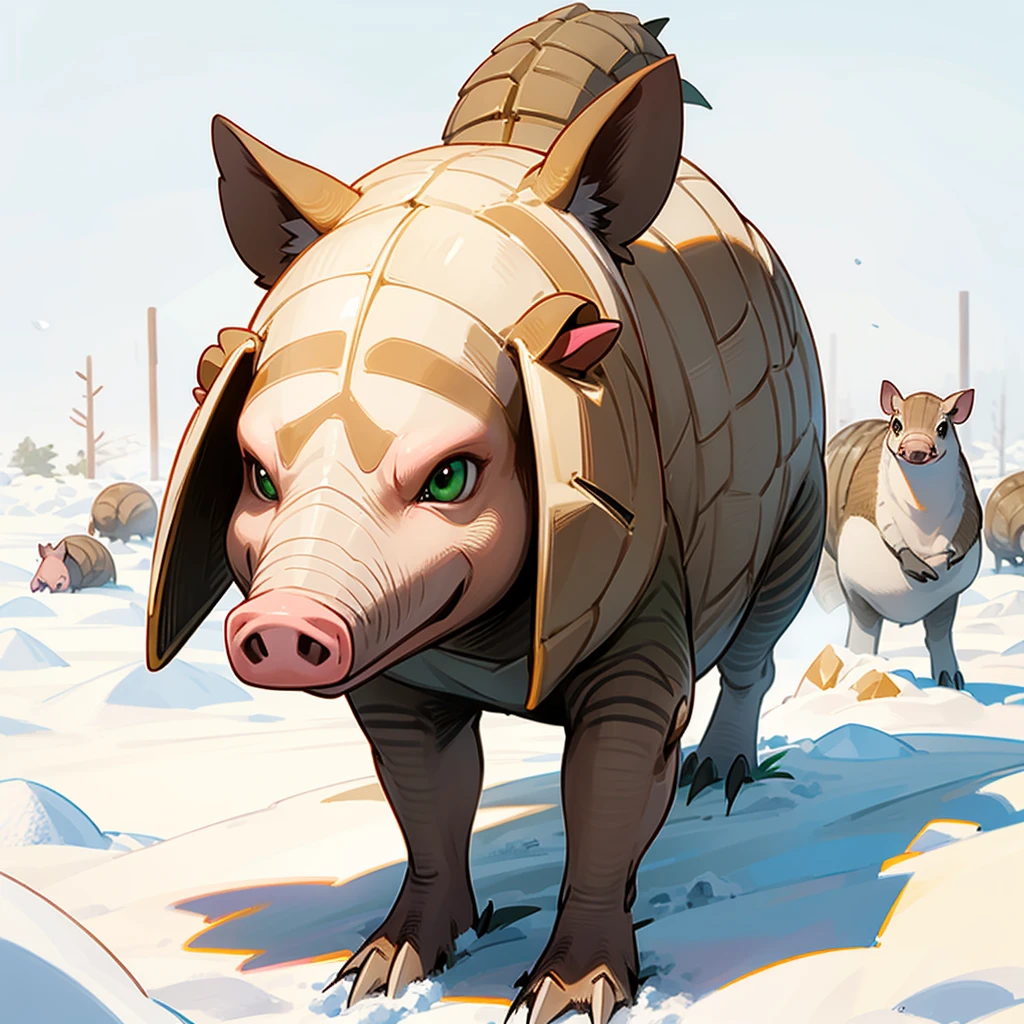 1character, Full body version, pig mixed with Armadillo, green eyes, Grassroots in snow