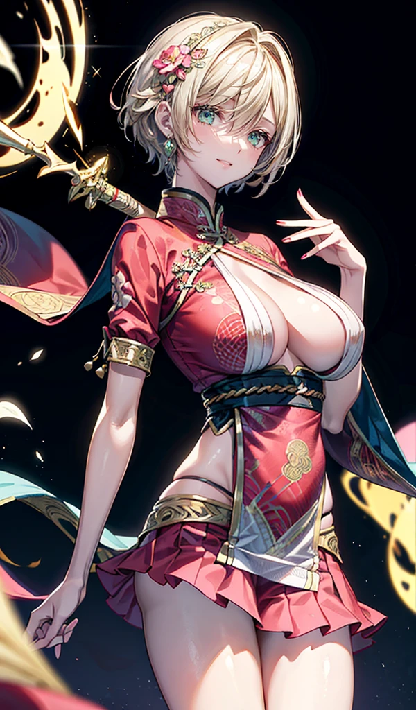 Please follow the all prompts below exactly and faithfully, This is a breathtaking masterpiece of digital illustration, with maximum resolution, UHD, 512K, 2160p, 10 million ppi, 300 million dpi, natural color tones, ultra sharp details, perfect outlines with contrast, ((smooth, soft and clearly and most realistic skin and hair texture)), most beautiful detailed eye features, perfect anatomically correct human body, beautiful background with depth, rule of thirds, depth of field, Maximize all element is used to its full potential to create the best digital illustrations, 1woman, sexy:1.5, beautiful face sharp, elegant woman, perfect body style, slender, beautiful big breasts, green eyes, blonde hair, hair over one eye, short hair, glossy very thick lips:0.7, pink lipstick:0.7, smile:1.5, Chinese dance costume with vibrant colors and intricate patterns, featuring a pleated skirt, embroidered dragon designs, golden accents, long chiffon sleeves, traditional floral motifs, elegant draping, colorful sashes, ornate headpiece, delicate lace, shimmering sequins, layered textures, and graceful silhouette