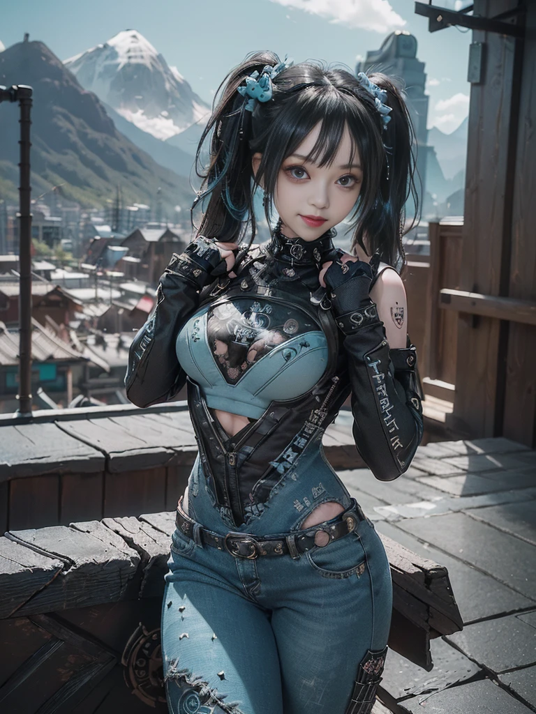(Full Body View:1.4)、(Full body:1.3)、(Smiling with teeth showing:1.3),(Shibuya Gal:1.5)、(Gothic ta style fashion:1.5)、(Punk RockVisual Kei:1.5)、(Wearing a rhythmic gymnastics bodysuit with intricate details:1.4)、(Racing suit and pants with intricate turquoise, denim and charcoal decorations:1.5)、(Denim and light blue and turquoise boots:1.3)、((belt))、(Numerous delicate logo marks all over the costume:1.4)、(collar:1.3)、(Polka dot underwear:1.5)、20-year-old、NSFW、((Highest quality、In 8K、masterpiece:1.3))、Sharp focus:1.2、(Layered Cut、Huge boobs:1.1),Beautiful woman with perfect figure:1.4、(do a gravure pose:1.3)、Slender Abs:1.2、Highly detailed face and skin texture、Detailed eyes、double eyelid,(Twin tails:1.3)、(Black brown hair:1.3)、Gravure idol、(The background is a vast mountain々Beautiful luxury resort destination in Europe:1.3)、(Slim body:1.3),(Make your legs thinner:1.4),(clavicle:1.1)