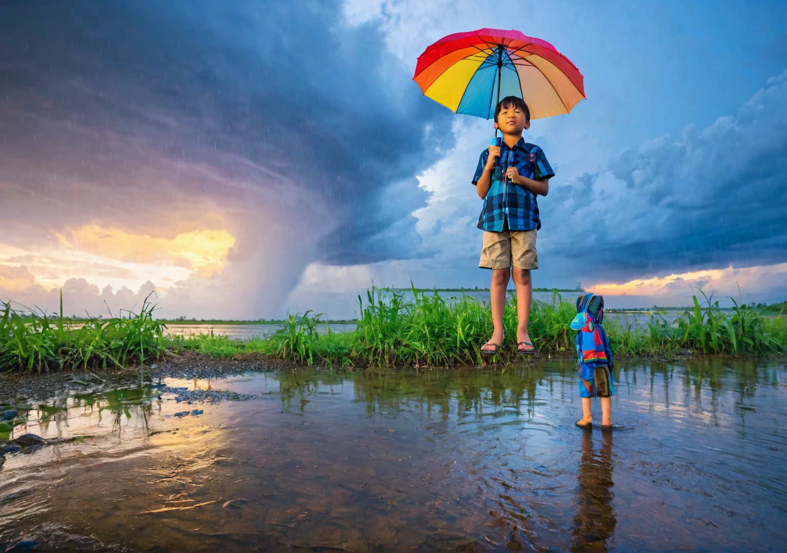 kid standing in river shore in rain , standing backwords , multi color umbrella , blue sky in background , sunset view , ultrawide shot 