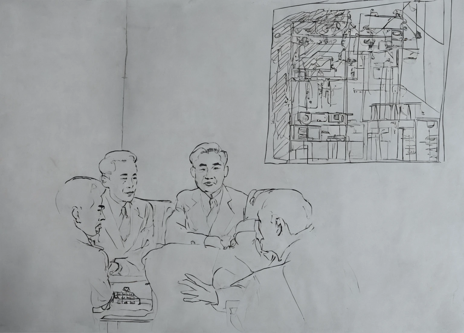 In 1949，China，Shanghai，Radio Station Office，Dim light，（The desk is filled with telegraph machines：1.5）。Several employees are working hard，One of the middle-aged men，30 years old，Wearing an old-style Zhongshan suit，The expression is firm，We are discussing with employees how to respond to the government&#39;s orders，（（They were surrounded by radio equipment.）），In the background you can see some circuit diagrams on the wall。high detail, cinematic lighting, film grain, god rays, anatomically correct, high quality