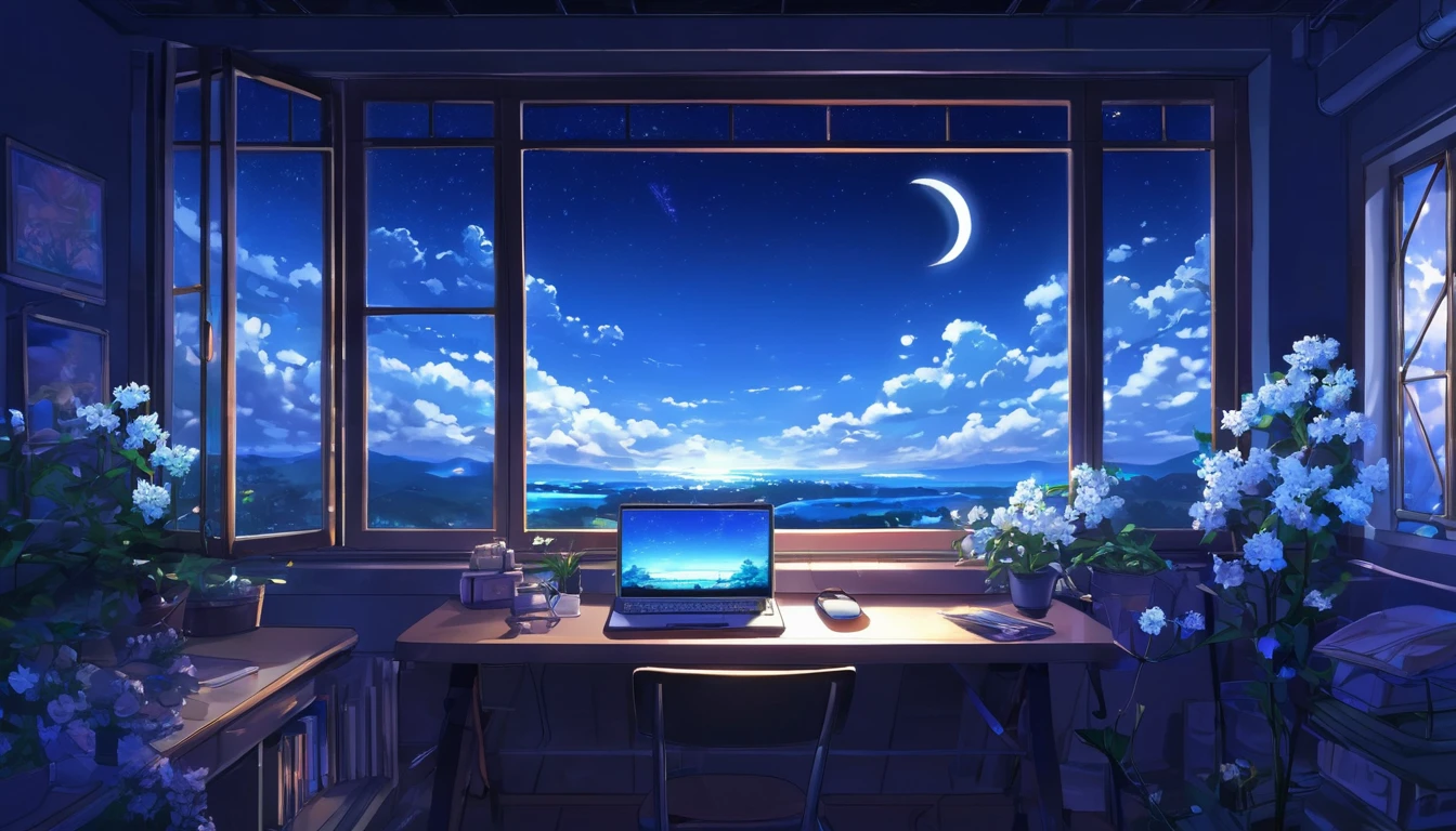 A tranquil scene unfolds in a magical laboratory setting.: a laptop with a bright screen rests on a desk next to a large window, showing a serene moonlit landscape. Blue neons softly illuminate white flowers next to a tablet and PC monitor. A vocal microphone and headphones hint at the creativity buzzing in the air. This anime inspired digital painting., winning a pixiv contest, exudes a welcoming, Lovely atmosphere, captivating viewers with its blend of mystical realism and fairytale charm..