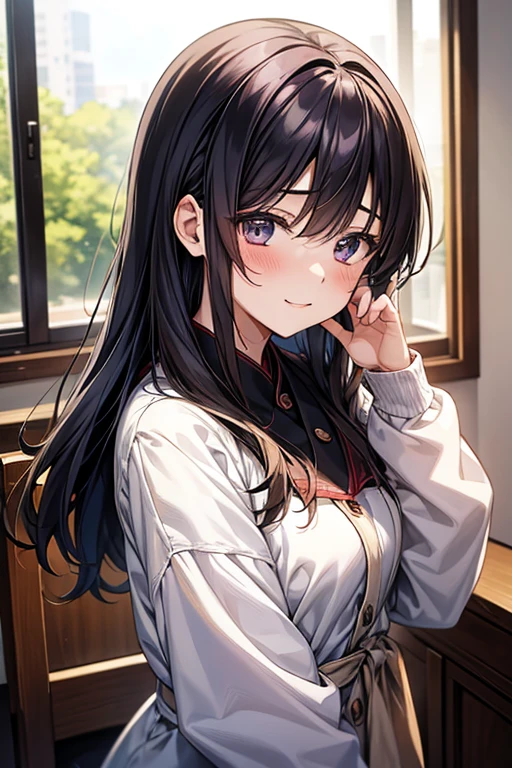 Anime Style。A young woman closing her heart。She is looking sadly out the window。gradually、Her friends and family were by her side.、Her expression softened as she felt the warmth.、Smile。