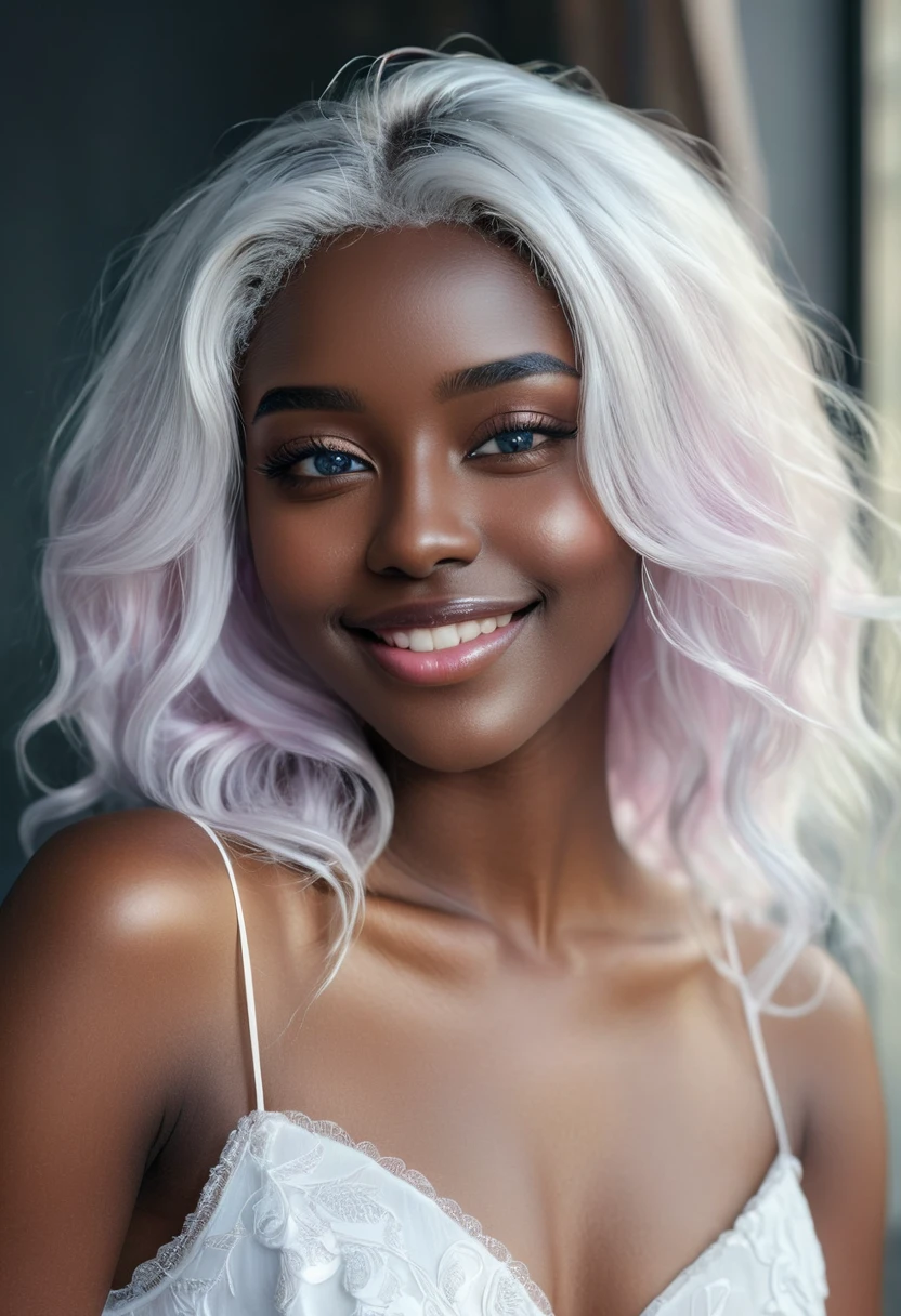 beautiful smile expression (((darkskin:1.2))) androgen:1.3, ((darkskin:1.2)), (((White hair))), ethereal darkskin beauty,blue piercing eyes,long flowing White hair,darkskin complexion,soft pink lips,sensual behavior,seducing gaze,graceful pose,subtle makeup,pure white dress,Delicate features,striking contrast with the environment,soft natural light,subtle shadows,ethereal atmosphere,swirly vibrant colors,dream scenario,romantic atmosphere,artistic portrait,highly detailed rendering,Photorealistic quality.