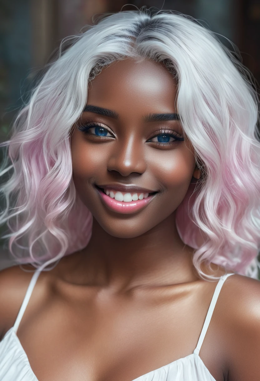  beautiful smile expression (((darkskin:1.2))) androgen:1.3, ((darkskin:1.2)), (((White hair))), ethereal darkskin beauty,blue piercing eyes,long flowing White hair,darkskin complexion,soft pink lips,sensual behavior,seducing gaze,graceful pose,subtle makeup,pure white dress,Delicate features,striking contrast with the environment,soft natural light,subtle shadows,ethereal atmosphere,swirly vibrant colors,dream scenario,romantic atmosphere,artistic portrait,highly detailed rendering,Photorealistic quality. 