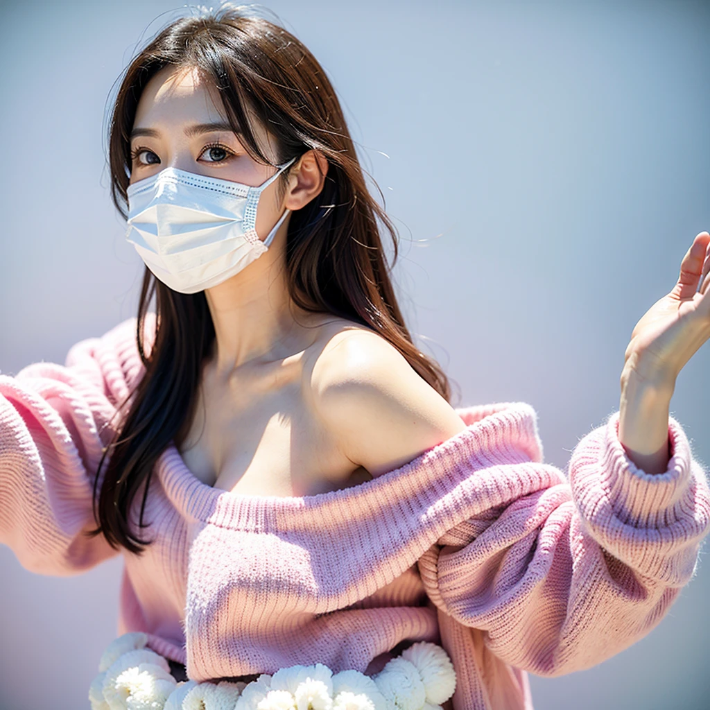Japan Beauty、Live action、Poses variadas、Background shot on white wall、Colossal tits、Pink mask、Selfie wind、White knitwear