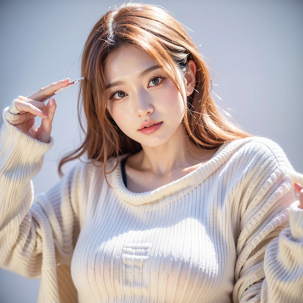 Japan Beauty、Live action、Poses variadas、Background shot on white wall、Colossal tits、Pink mask、Selfie wind、White knitwear