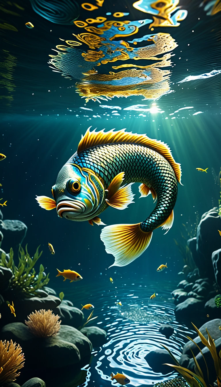 a mythical creature with a human face and fish body swimming in a river, highly detailed, 4k, 8k, highres, masterpiece, ultra-detailed, realistic, photorealistic, photo-realistic, extremely detailed animal, intricate patterns, realistic lighting, fantastical hybrid creature