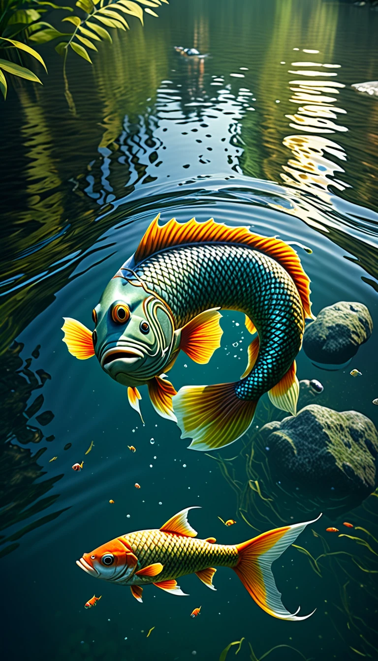 a mythical creature with a human face and fish body swimming in a river, highly detailed, 4k, 8k, highres, masterpiece, ultra-detailed, realistic, photorealistic, photo-realistic, extremely detailed animal, intricate patterns, realistic lighting, fantastical hybrid creature