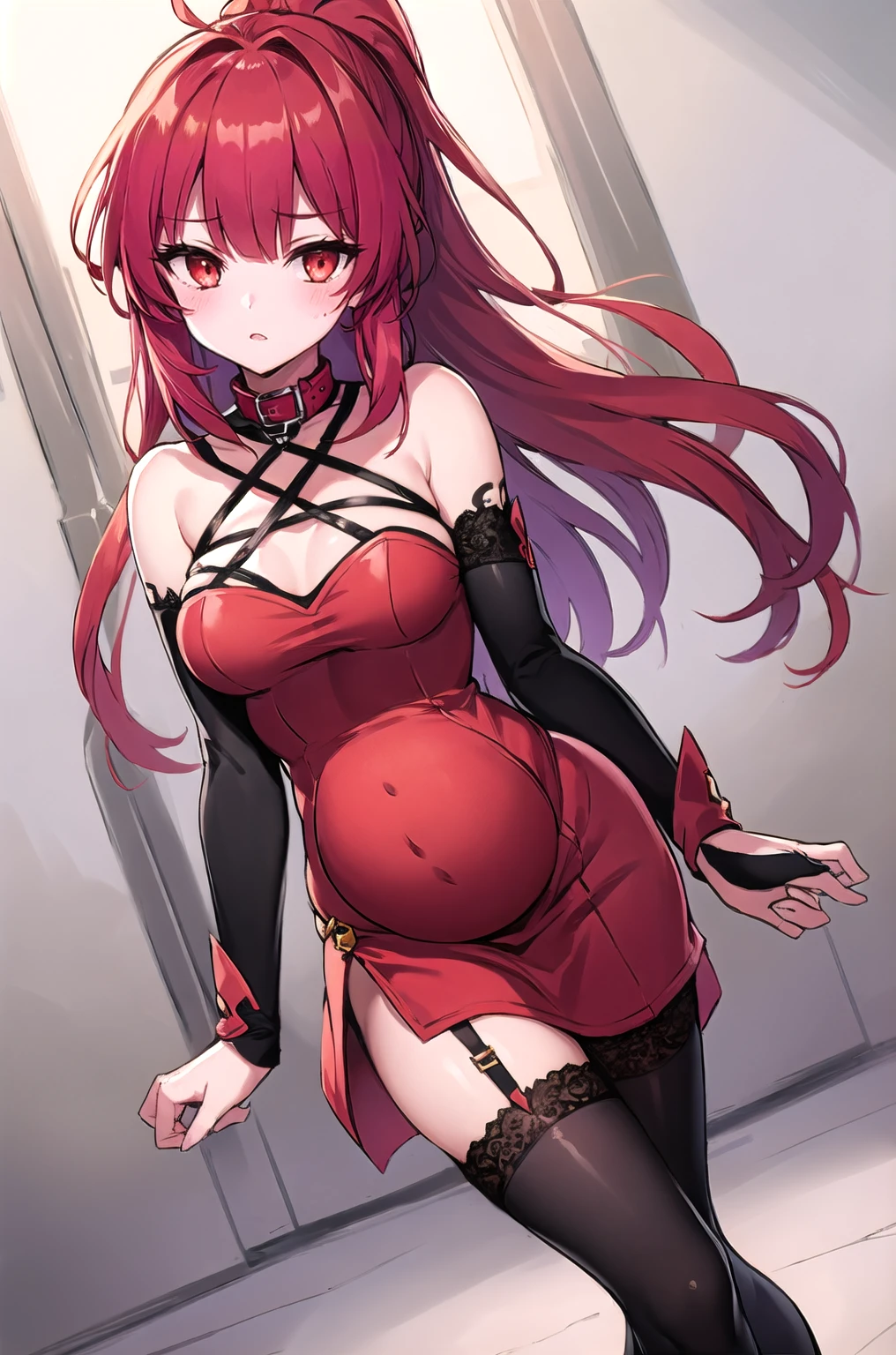 (masterpiece, best quality), 1girl, solo, girl, , long sleeves, wedding dress,garter belt, elesis_\(elsword\), underbust, ponytail, medium breasts, grabbing sword, messy hair, dutch angle, attack, head tilt
, elesis_elsword, thighhighs, very long hair, Wearing a dog collar, Naughty tattoo on the belly, pregnancy 