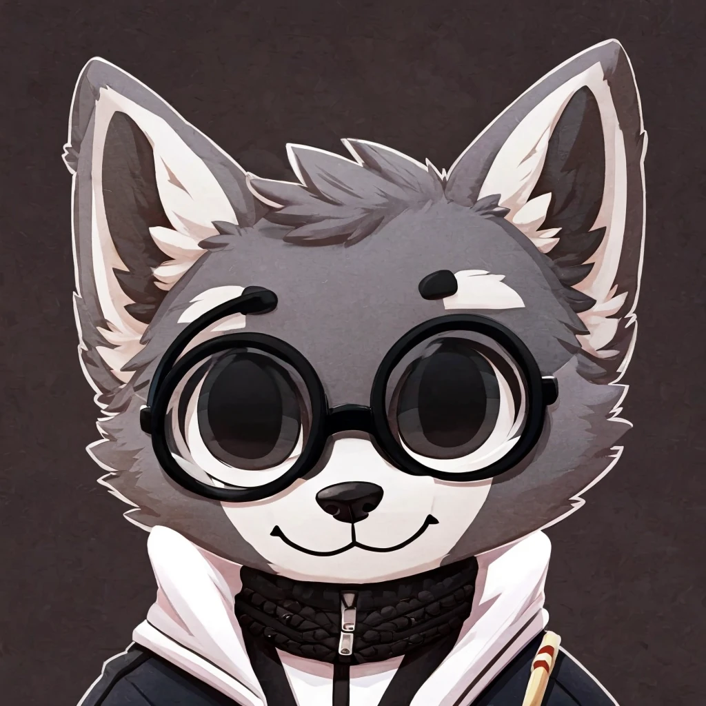 headshot of a grey fur anthropomorphic raccoon, closed smile, he has a round type of glasses, a black with white laces jacket, high quality furry art, chibi style, high quality fursona ref.