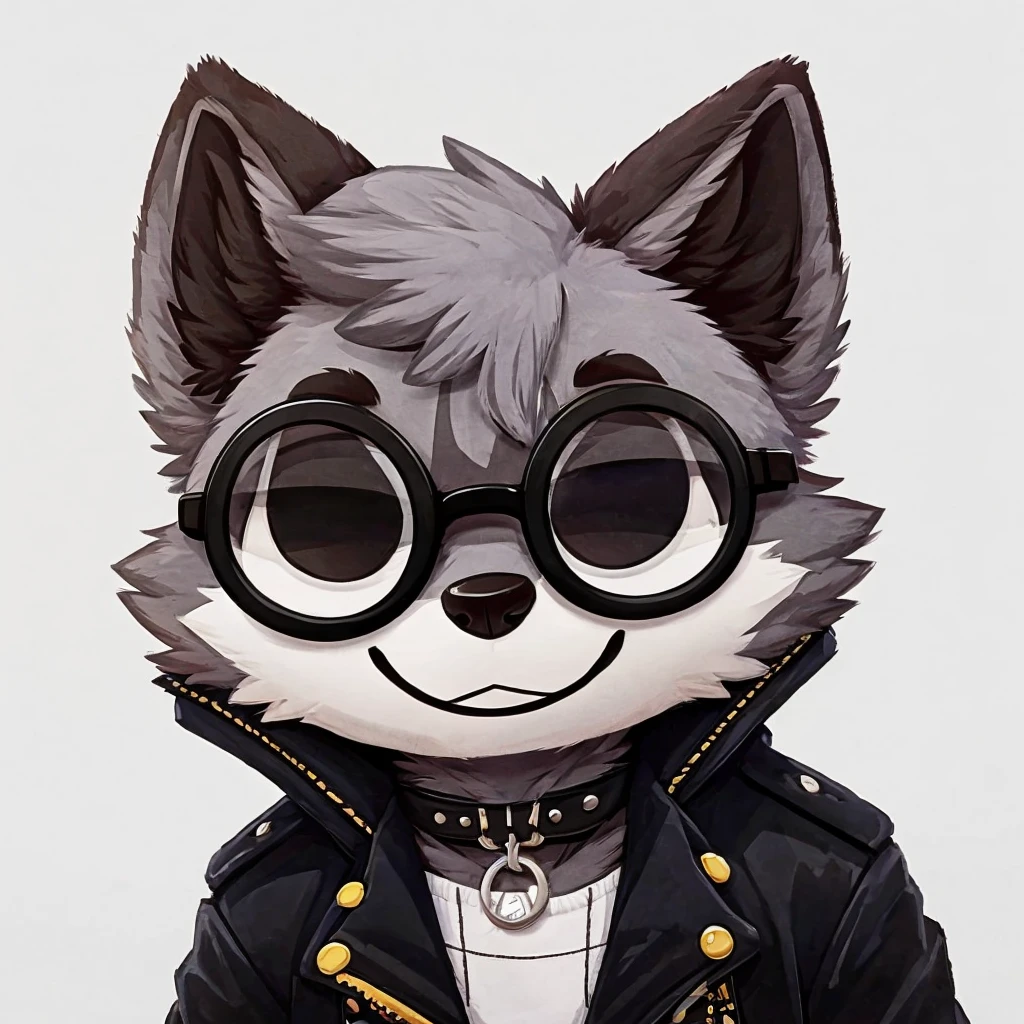 headshot of a grey fur anthropomorphic raccoon, closed smile, he has a round type of glasses, a black with white laces jacket, high quality furry art, chibi style, high quality fursona ref.