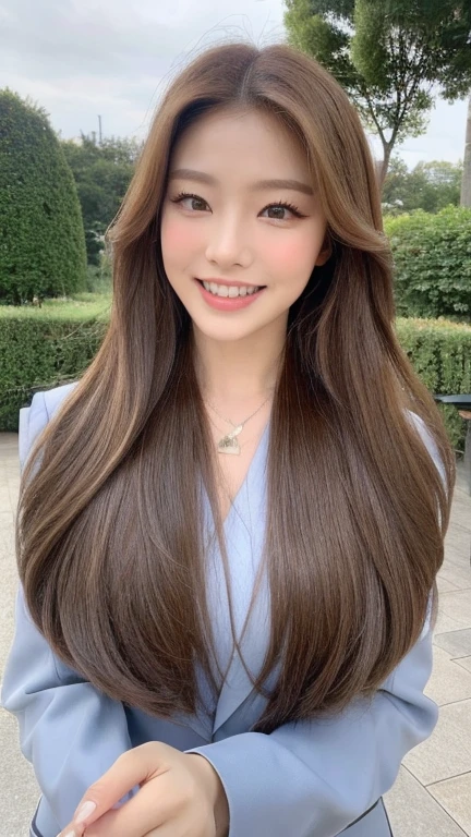 ((top-quality、masutepiece、8K、Top image quality、Hyper-Realism)) full bosy, closeup, The Biggest Smile、white big teeth、Perfect makeup、long eyelashes、View me、smile your best smile, Bright lighting, hyper realistic, photoreal, professional. fashionable, business suit, Dior, LV, fashionable jennie hair smokey eyes, long sexy lashes, kpop jennie