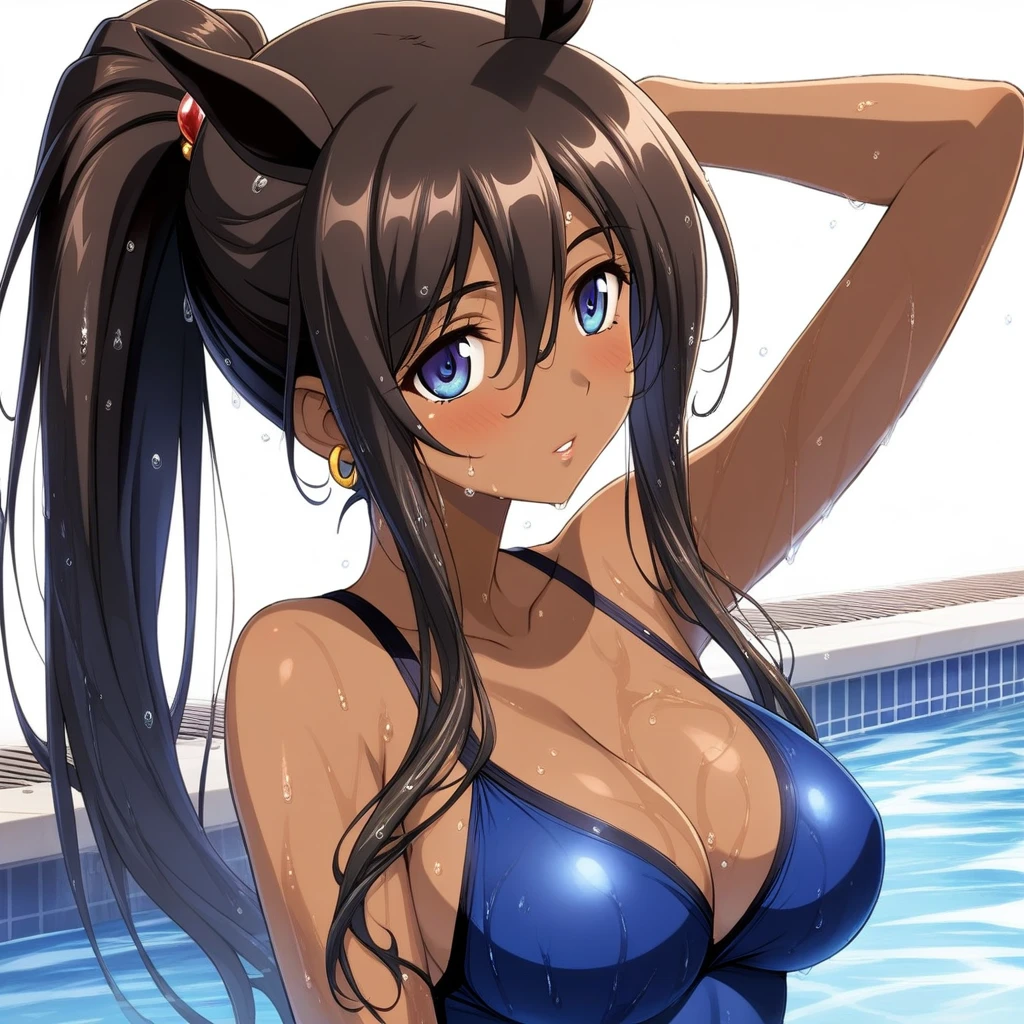 1girl, yaomai, official art, absurdres, animal ears, arm up, bare shoulders, black hair, blue eyes, blue one-piece swimsuit, breasts, cleavage, dark-skinned female, dark skin, earrings, hair between eyes, horse ears, horse girl, jewelry, large breasts, long hair, one-piece swimsuit, parted lips, ponytail, pool, simple background, single earring, solo, swimsuit, upper body, water, wet, wet hair, white background, ((very aesthetic, best quality, ultra detailed))