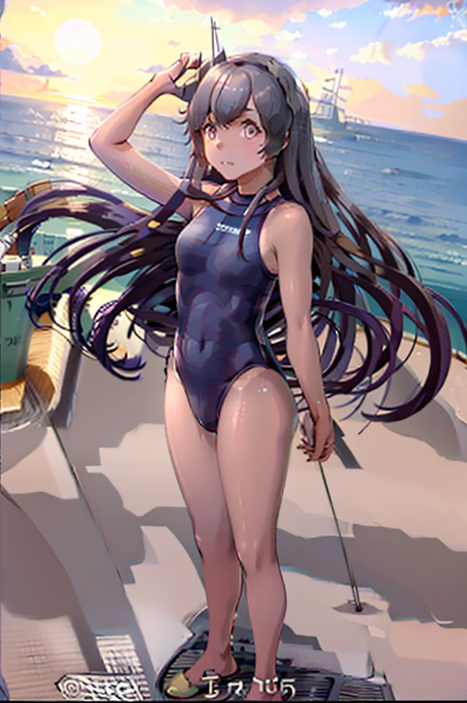 2girls,multiple girls,anime style,two female characters,Two human,lifeguard,rescue,height difference,akagi and i-400(shion),{( i-400 (kancolle) has black hair, very long hair, hair down, purple iris eyes, hairband horn, small breast, height 145cm )},{( akagi (kancolle) has straight brown hair, long hair, yellow eyes, large breast, height 162cm )} one piece swimsuit,highleg swimsuit,competition swimsuit,turtleneck swimsuit,red swimsuit,shiny skin,side-by-side,holding hands,arm at side,looking at another,full body,standing,outdoors,ocean,beach,surfboard,