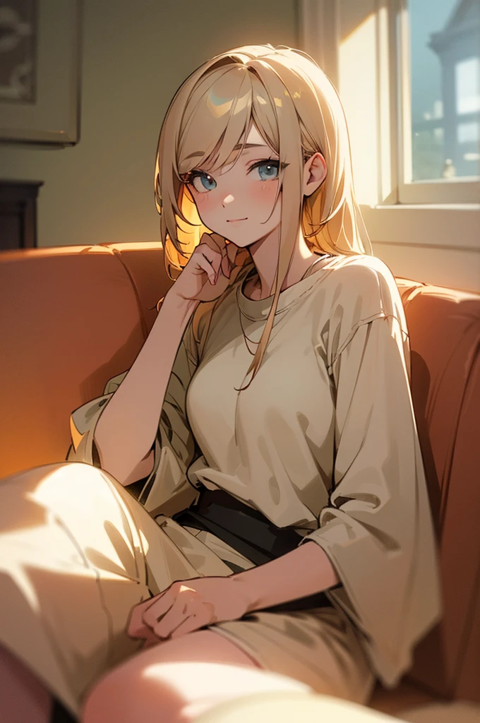 beautiful young woman, anime style, detailed face, wearing casual clothes, sitting on a sofa, relaxed expression, cozy living room, warm afternoon light, detailed background with living room elements, high detail, 8k resolution, cinematic lighting, best quality, gentle shadows, pastel color palette, Instagrammable, cute and relaxed, aesthetic, warm and inviting atmosphere