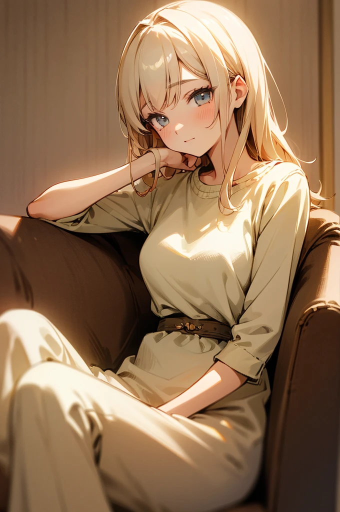 beautiful young woman, anime style, detailed face, wearing casual clothes, sitting on a sofa, relaxed expression, cozy living room, warm afternoon light, detailed background with living room elements, high detail, 8k resolution, cinematic lighting, best quality, gentle shadows, pastel color palette, Instagrammable, cute and relaxed, aesthetic, warm and inviting atmosphere