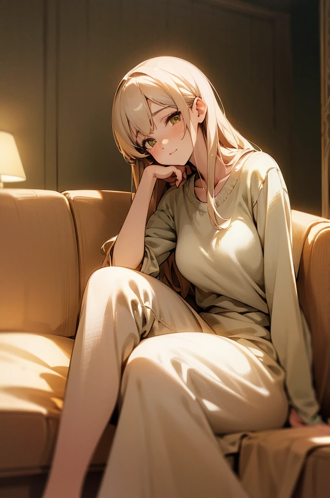 beautiful young woman, anime style, detailed face, wearing casual clothes, sitting on a sofa, relaxed expression, cozy living room, warm afternoon light, detailed background with living room elements, high detail, 8k resolution, cinematic lighting, best quality, gentle shadows, pastel color palette, Instagrammable, cute and relaxed, aesthetic, warm and inviting atmosphere