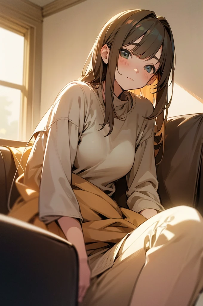 beautiful young woman, anime style, detailed face, wearing casual clothes, sitting on a sofa, relaxed expression, cozy living room, warm afternoon light, detailed background with living room elements, high detail, 8k resolution, cinematic lighting, best quality, gentle shadows, pastel color palette, Instagrammable, cute and relaxed, aesthetic, warm and inviting atmosphere