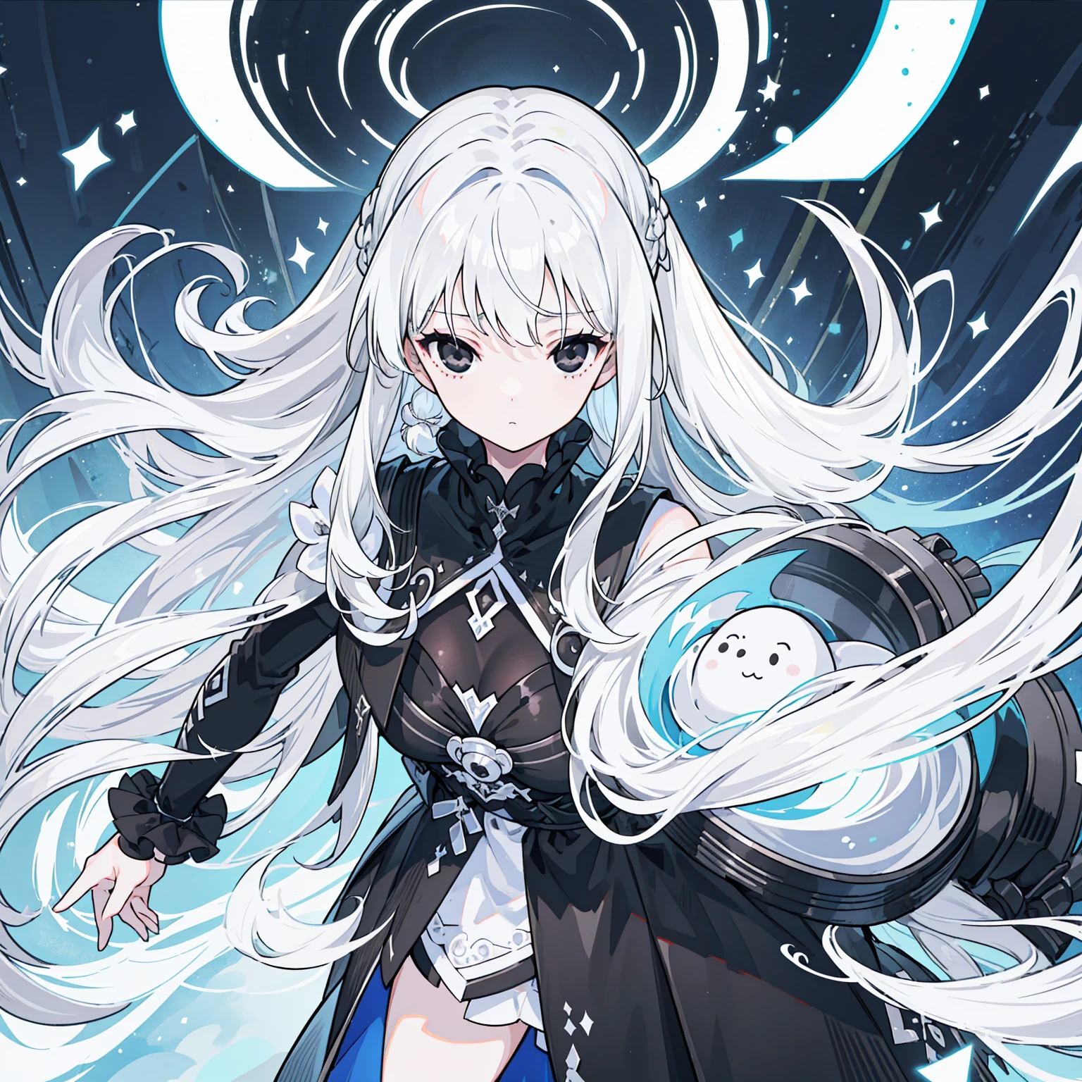 (Top image quality)、(Ultra Detailed)、(Facing forward)、top quality、masterpiece、(((1 girl)))、Silver Hair、white hair、((Long hair))、(black eyes:1.6)