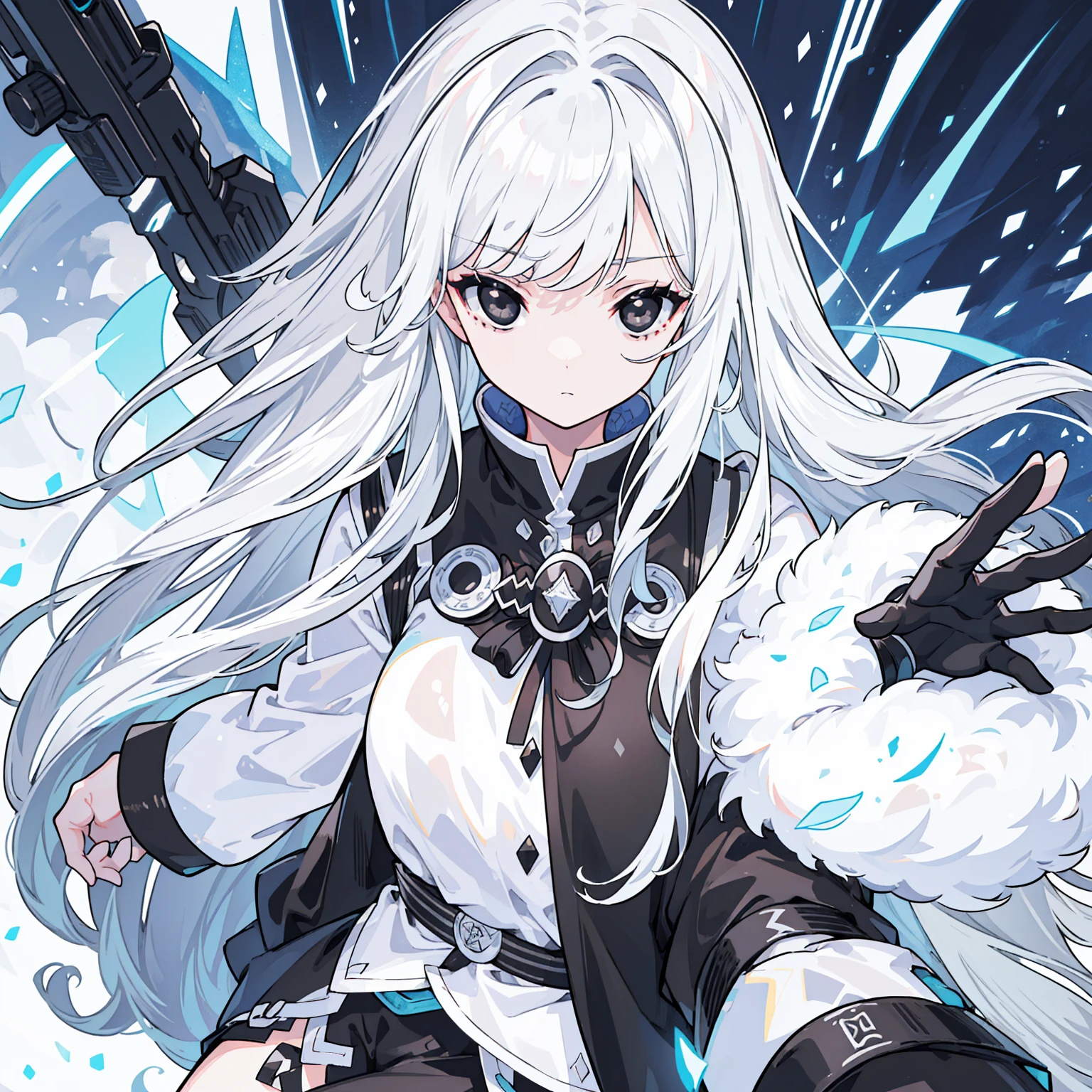 (Top image quality)、(Ultra Detailed)、(Facing forward)、top quality、masterpiece、(((1 girl)))、Silver Hair、white hair、((Long hair))、(black eyes:1.6)