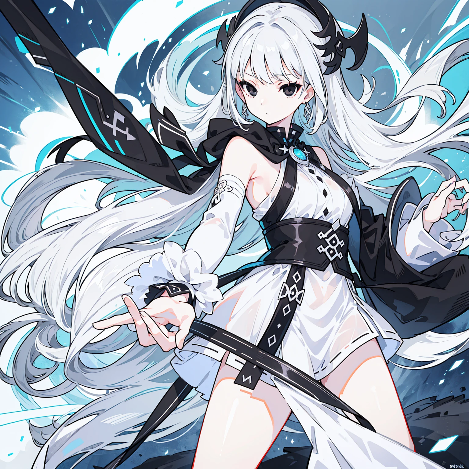 (Top image quality)、(Ultra Detailed)、(Facing forward)、top quality、masterpiece、(((1 girl)))、Silver Hair、white hair、((Long hair))、(black eyes:1.6)