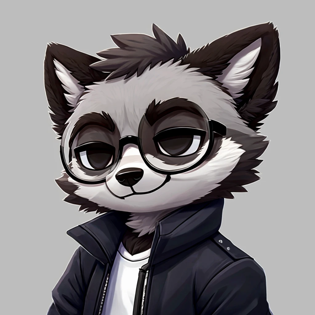 headshot of a grey fur anthropomorphic raccoon, closed smile, he has a round type of glasses, a black with white laces jacket, high quality furry art, chibi style, high quality fursona ref.