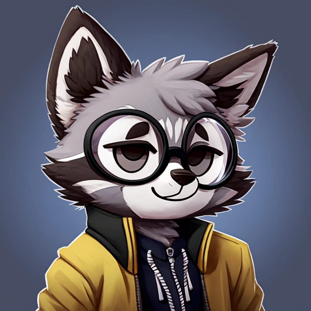 headshot of a grey fur anthropomorphic raccoon, closed smile, he has a round type of glasses, a black with white laces jacket, high quality furry art, chibi style, high quality fursona ref.