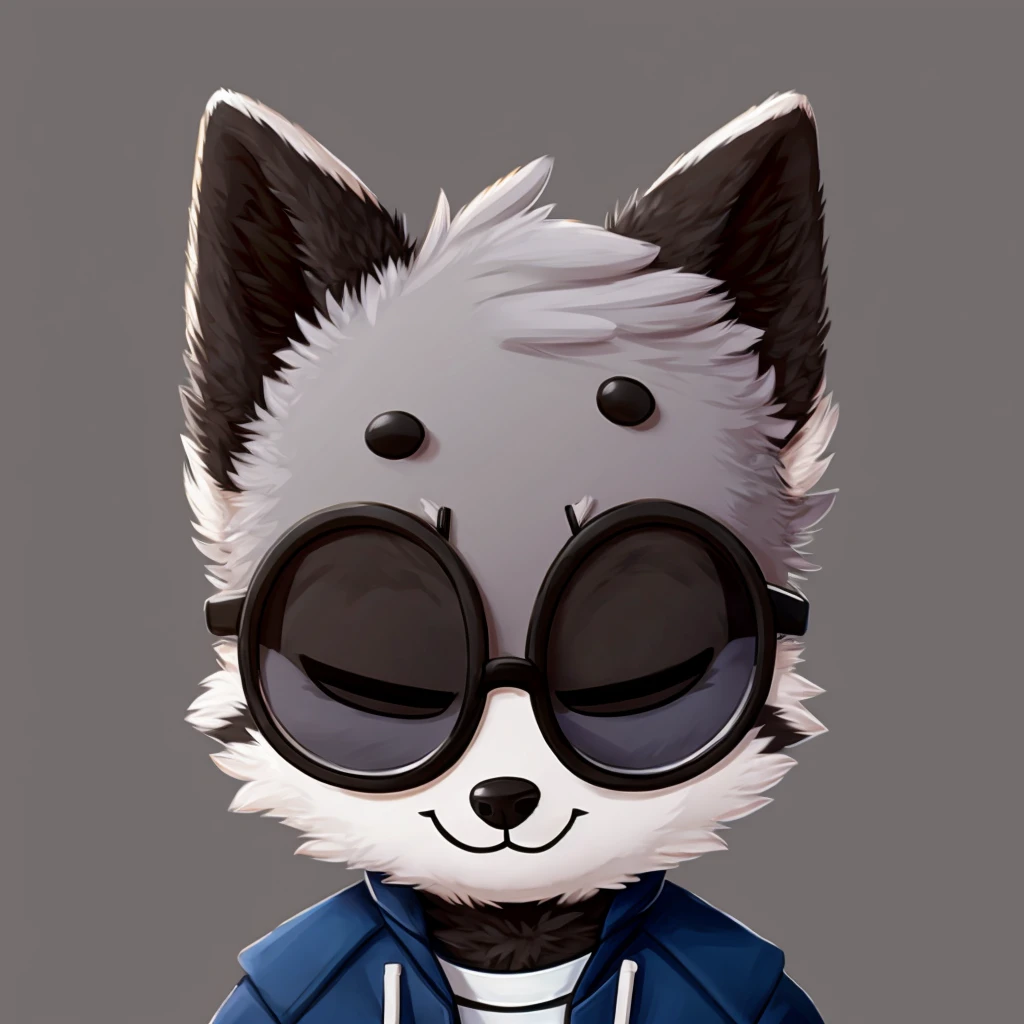 headshot of a grey fur anthropomorphic raccoon, closed smile, he has a round type of glasses, a black with white laces jacket, high quality furry art, chibi style, high quality fursona ref.