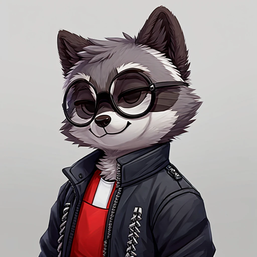 headshot of a grey fur anthropomorphic raccoon, closed smile, he has a round type of glasses, a black with white laces jacket, high quality furry art, chibi style, high quality fursona ref.