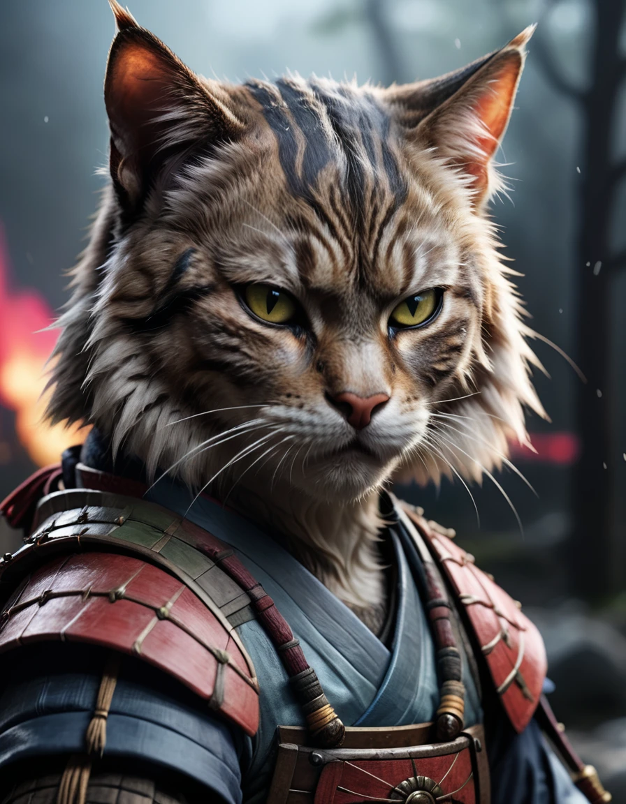 (closeup photo cinematic),a samurai cat, battlefield,  2D, colorful, dark atmosphere