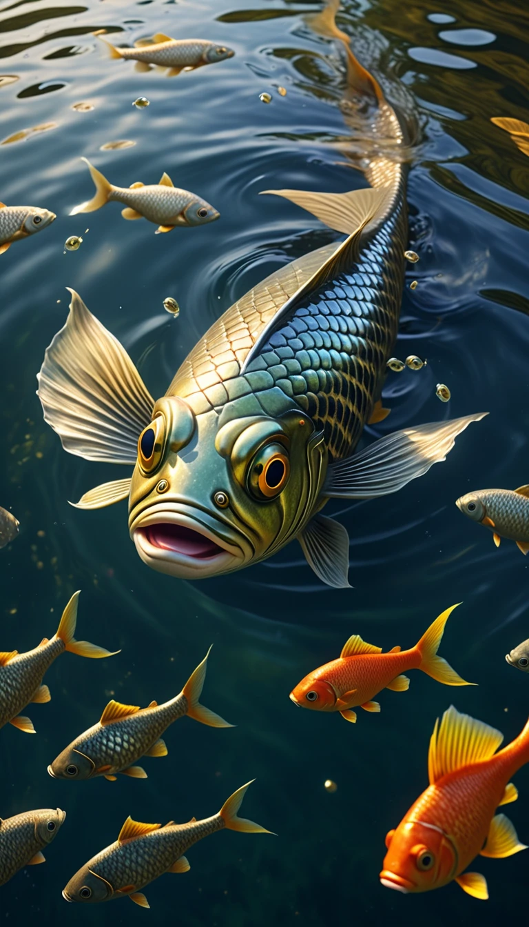 a mythical creature with a human face and fish body swimming in a river, highly detailed, 4k, 8k, highres, masterpiece, ultra-detailed, realistic, photorealistic, photo-realistic, extremely detailed animal, intricate patterns, realistic lighting, fantastical hybrid creature