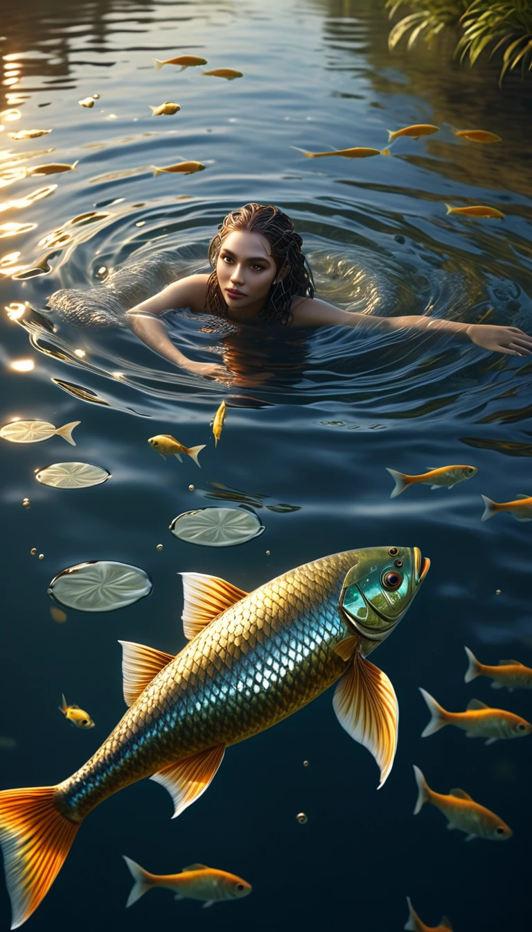 a mythical creature with a human face and fish body swimming in a river, highly detailed, 4k, 8k, highres, masterpiece, ultra-detailed, realistic, photorealistic, photo-realistic, extremely detailed animal, intricate patterns, realistic lighting, fantastical hybrid creature