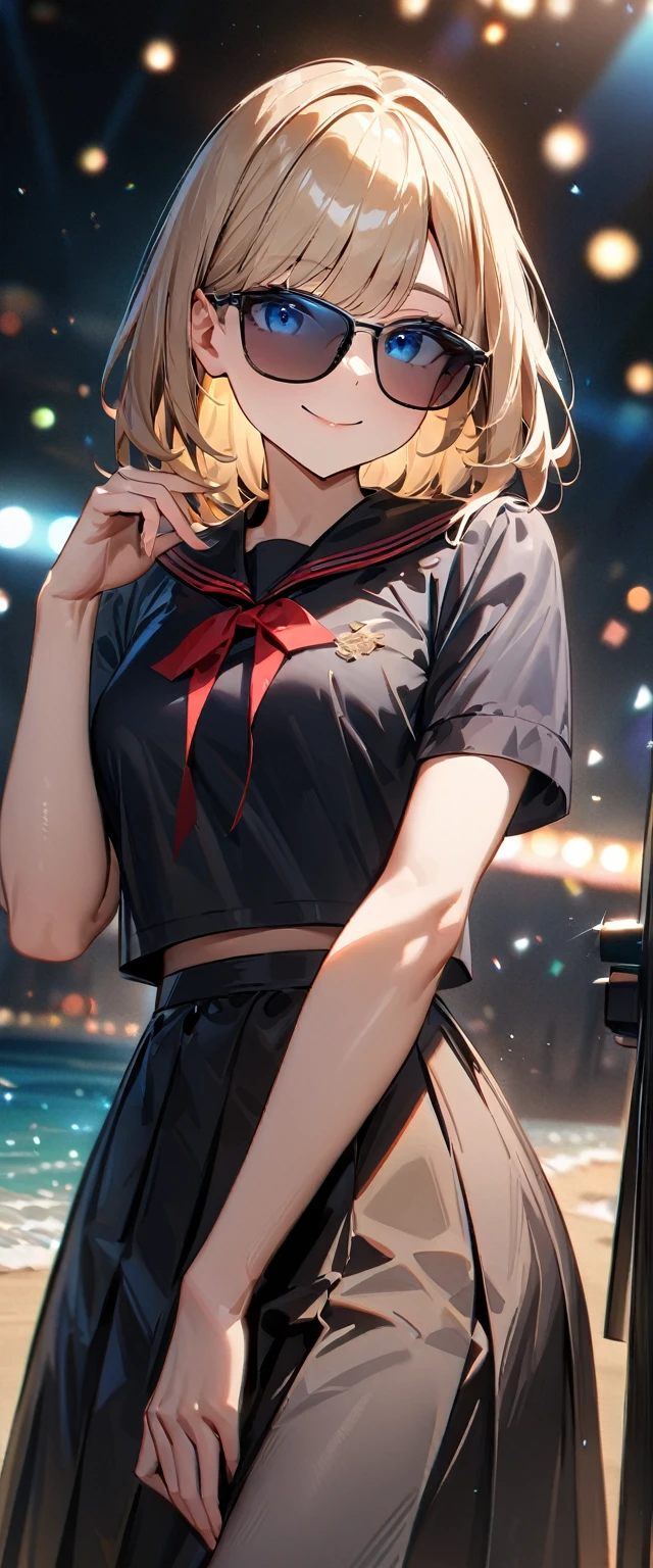 (((One girl))), ((beach)), noon, blond hair, bob cut, breasts, from front, (cowboy shot), standard body, (looking at viewer), ((black serafuku out of skirt)), black skirt, ((red ribbon)), ((sunglasses)), hand to sunglasses, ager, head tilt:1.3, (((blue eye))), ((happy smile)), anime style, (best quality, 4k, 8k, highres, masterpiece:1.2, ultra-detailed, ultra-detailed eyes, HDR, UHD, studio lighting, ultra-fine painting, sharp focus, physically-based rendering, extreme detail description, professional, vivid colors, bokeh), ((Highest quality, Best image quality, Ultra-high resolution, Ultra-high resolution, solo, Strong eye highlights)), Depth of written boundary, Natural soft light, attractive, Beautiful Face, Cleanliness, Pure Face, nedium chest, Beautiful Face, Perfect Fingers, Perfect hands, Perfect body, Perfect Face, Shine a light into your eyes, Perfect Anatomy