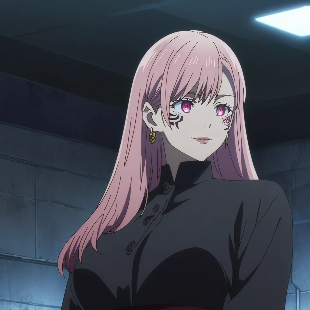 1girl, female sukuna, anime screencap from jujutsu kaisen, sukuna female version, solo, long_hair, ((Pink universal eyes)) ((Pink_hair)), night view, (hanging breasts) upper_body, smile, indoors, book, Pink_eyes, lips, (side swept bangs) ((wearing black colour outfit with button)) breast, "very detailed and high resolution" (Pink universal eyes) (cross arms) ((long hair)) ((solo)) (front view) (earings) ((high resolution)) ((good quality)) ((side swept bangs)) ((Pink hair)) ((tattoo on face))