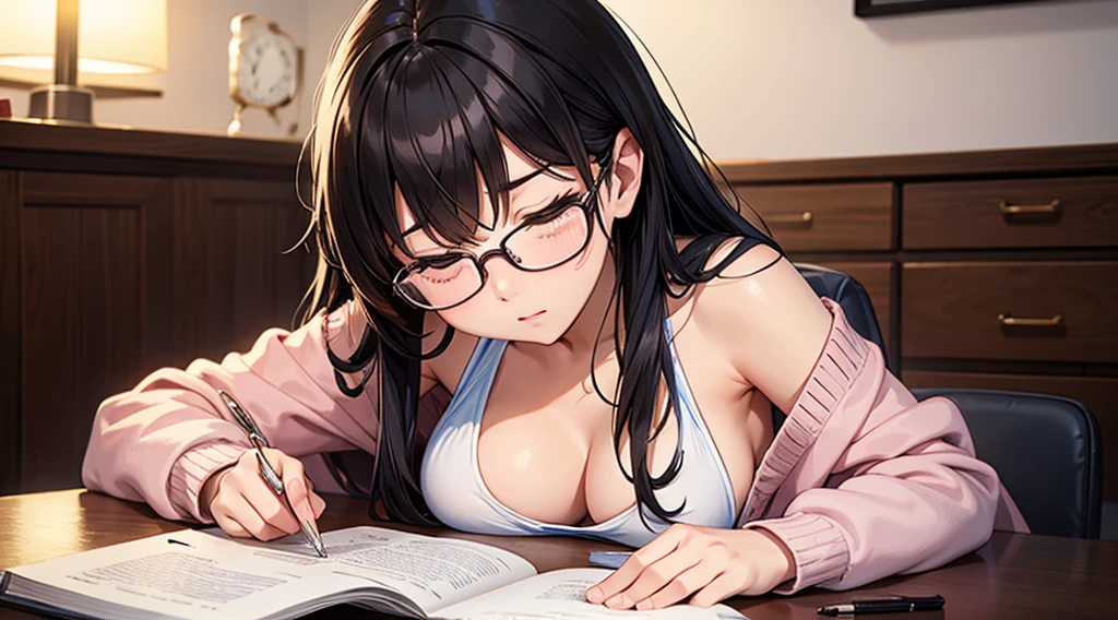 Falling asleep face down while studying at night、A cute girl wearing glasses that accentuate her breasts a little
