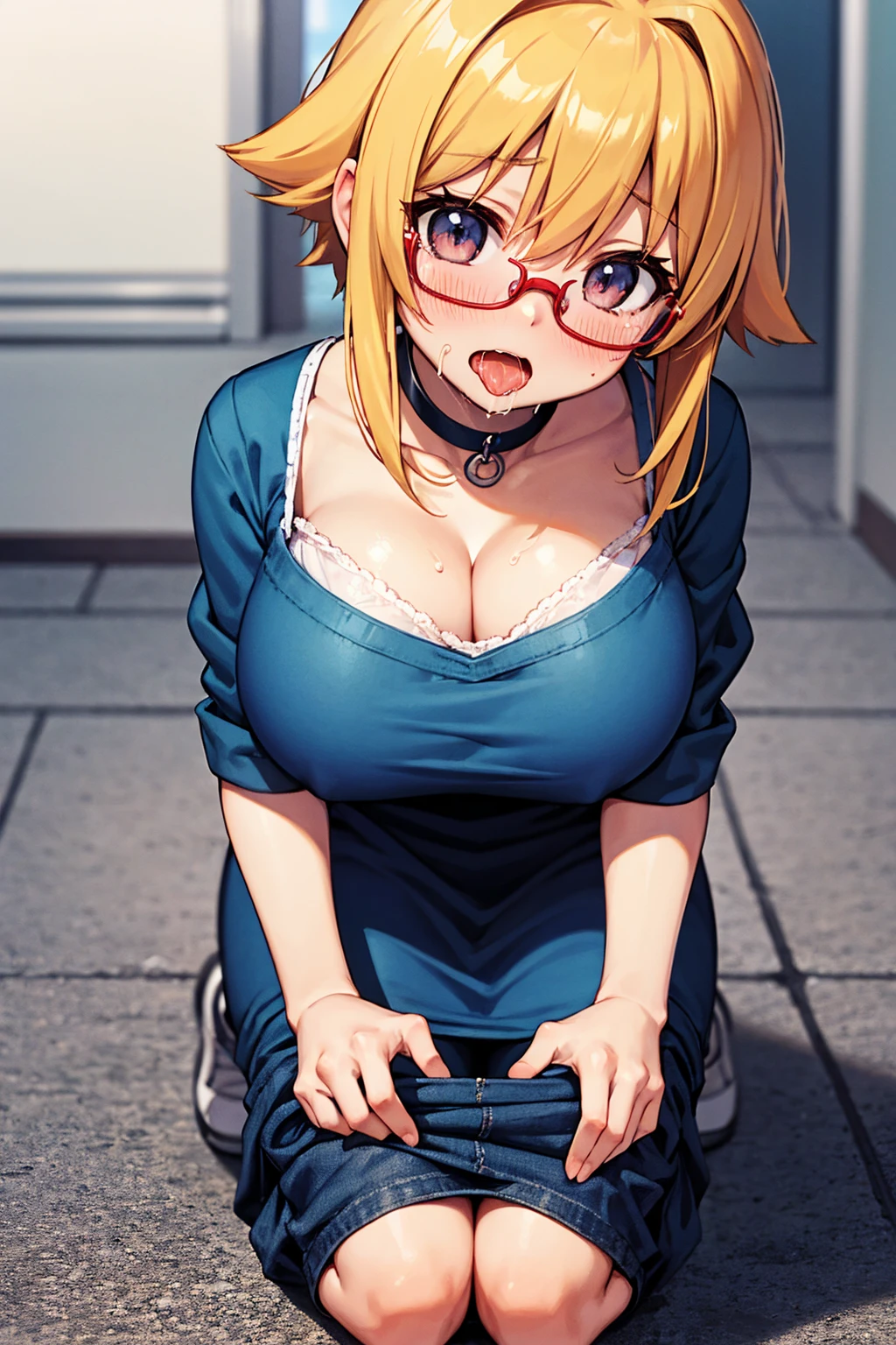 crawling position on their hands and knees,anime,An illustration,Light Blue Check Dress,Red glasses,blonde,Light blue mesh hair,beautiful girl,Sora Sakurano,One person,,Big Breasts,underwear,saliva,nose blush