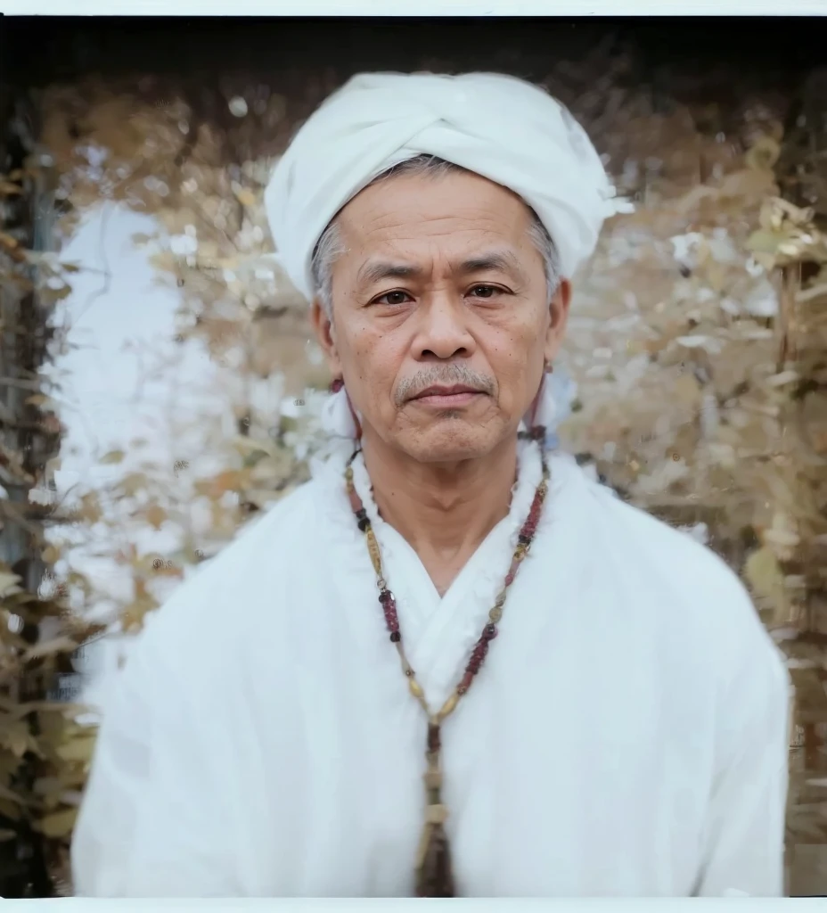 A realistis indonesian man face age 50 years wear a white turban ,ultra hd 8k