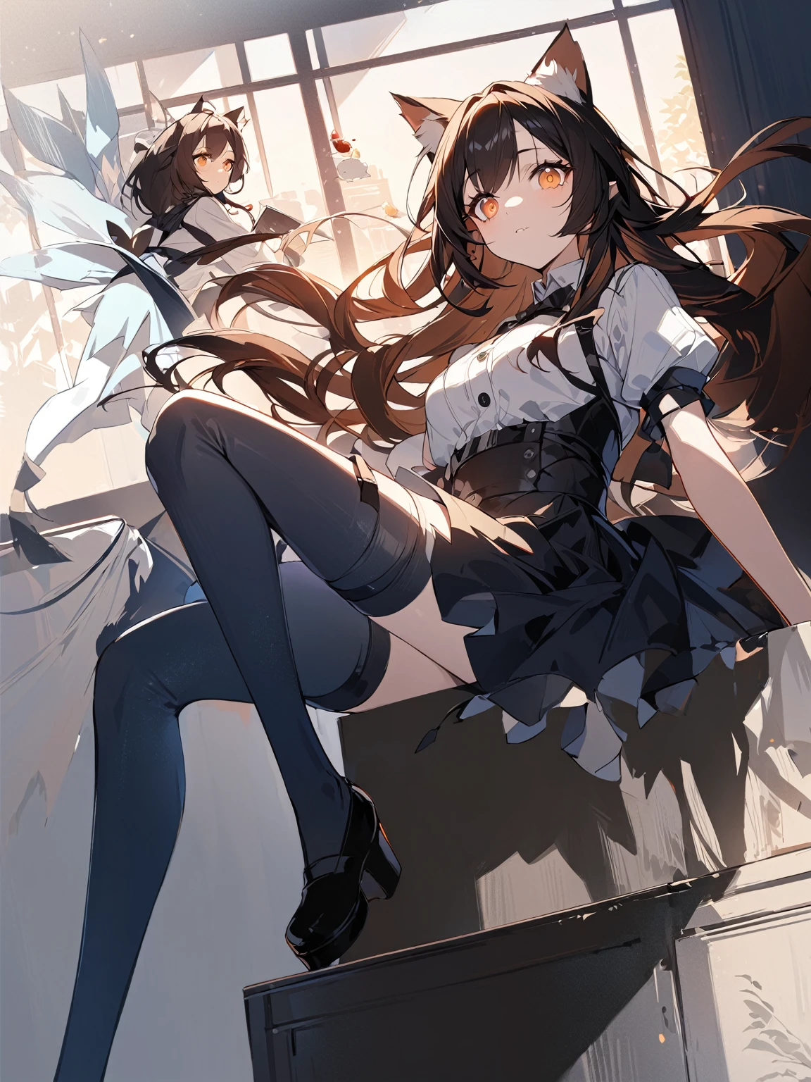 Slender anime girl,Black long hair,Bright orange eyes,Cat Ears Female Outfit,Black long sleeve,Sitting on the cupboard with legs crossed,There was a white elf holding a dessert flying beside her.,Arknights style,Light and shadow,masterpiece,Beautiful illustration wallpaper。