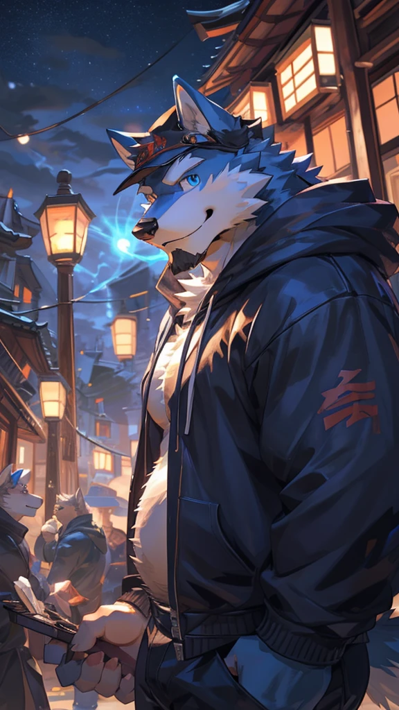 bynamic angle,depth of field, motion blur, absurdres,looking at viewer, (best quality), (masterpiece), (ultra detailed),(detailed eyes),Cute smile,sharp focus,japanese anime,manga,anthro male Light Blue Wolf,(wearing black cap),(muscular),(big belly),((sweatshirt)),sky blue eyes,handsome,night,(flex one’s biceps),by null-ghost,by traver009,by lindong,by pino daeni