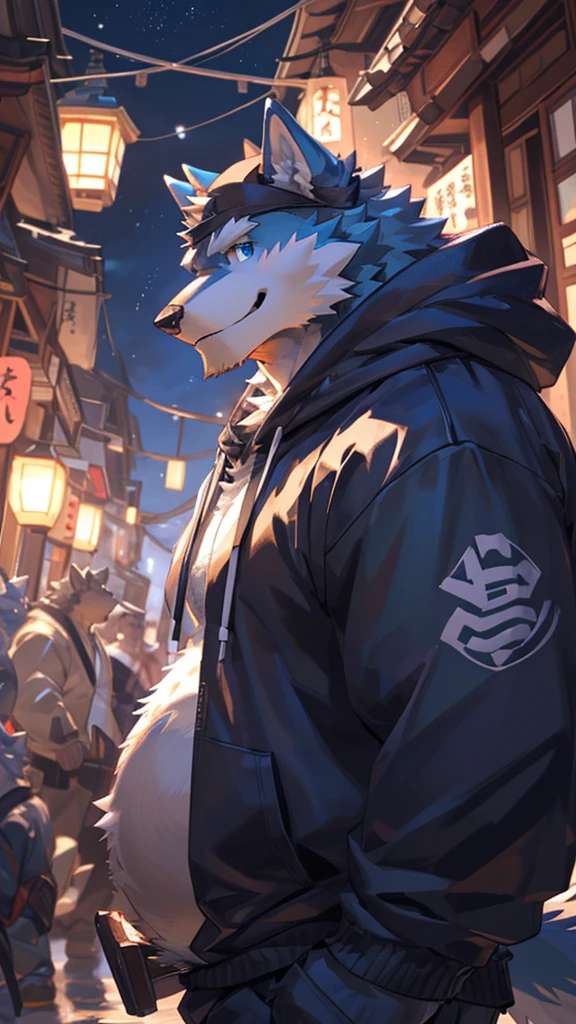 bynamic angle,depth of field, motion blur, absurdres,looking at viewer, (best quality), (masterpiece), (ultra detailed),(detailed eyes),Cute smile,sharp focus,japanese anime,manga,anthro male Light Blue Wolf,(wearing black cap),(muscular),(big belly),((sweatshirt)),sky blue eyes,handsome,night,(flex one’s biceps),by null-ghost,by traver009,by lindong,by pino daeni