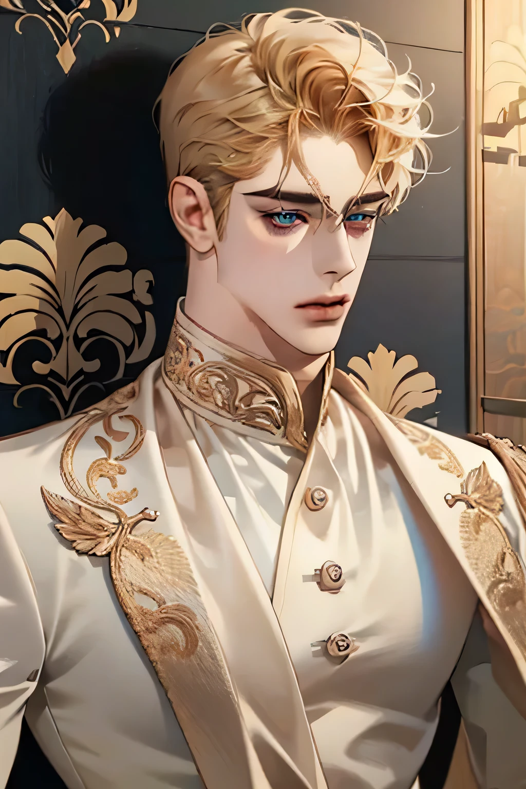 Celebrity dominant alpha handsome adult man, big chest big abs light hair charisma standing post ((perfect face structure)) detailed stylized ((handsome male )) ((perfect eyes))
