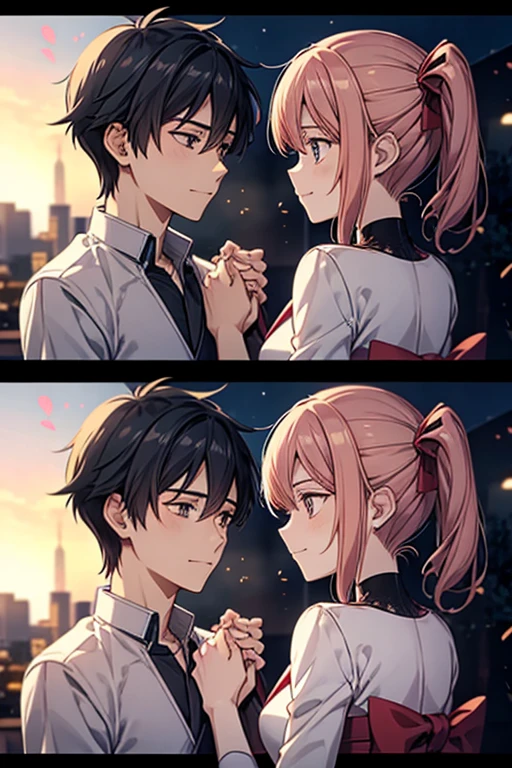 Anime Style。The protagonist is about to say goodbye to a loved one.、Holding hands、Looking at each other with warm expressions。From the farewell scene、Switch to a memorable scene、Reminiscing on the good times they spent together。

