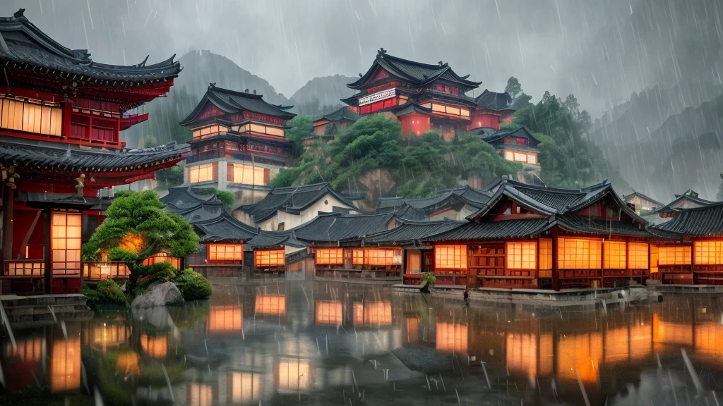 arafed view of a village with a lot of lights on the buildings, dreamy chinese town, amazing wallpaper, japanese town, japanese village, hyper realistic photo of a town, old asian village, japanese city, by Raymond Han, rainy evening, cyberpunk chinese ancient castle, beautifully lit buildings, at evening during rain, beautiful and aesthetic, photography, cinematic, 8k, high detailed ((Heavy rain)))