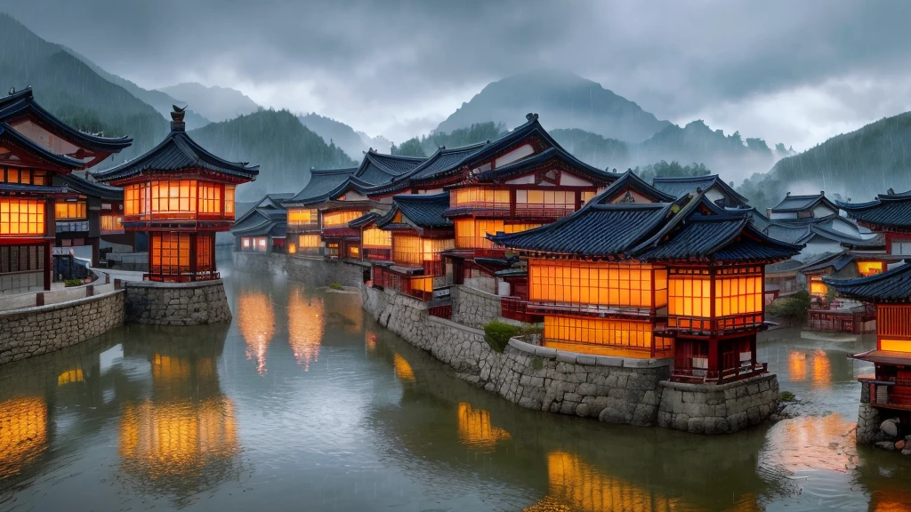 arafed view of a village with a lot of lights on the buildings, dreamy chinese town, amazing wallpaper, japanese town, japanese village, hyper realistic photo of a town, old asian village, japanese city, by Raymond Han, rainy evening, cyberpunk chinese ancient castle, beautifully lit buildings, at evening during rain, beautiful and aesthetic, photography, cinematic, 8k, high detailed ((Heavy rain)))