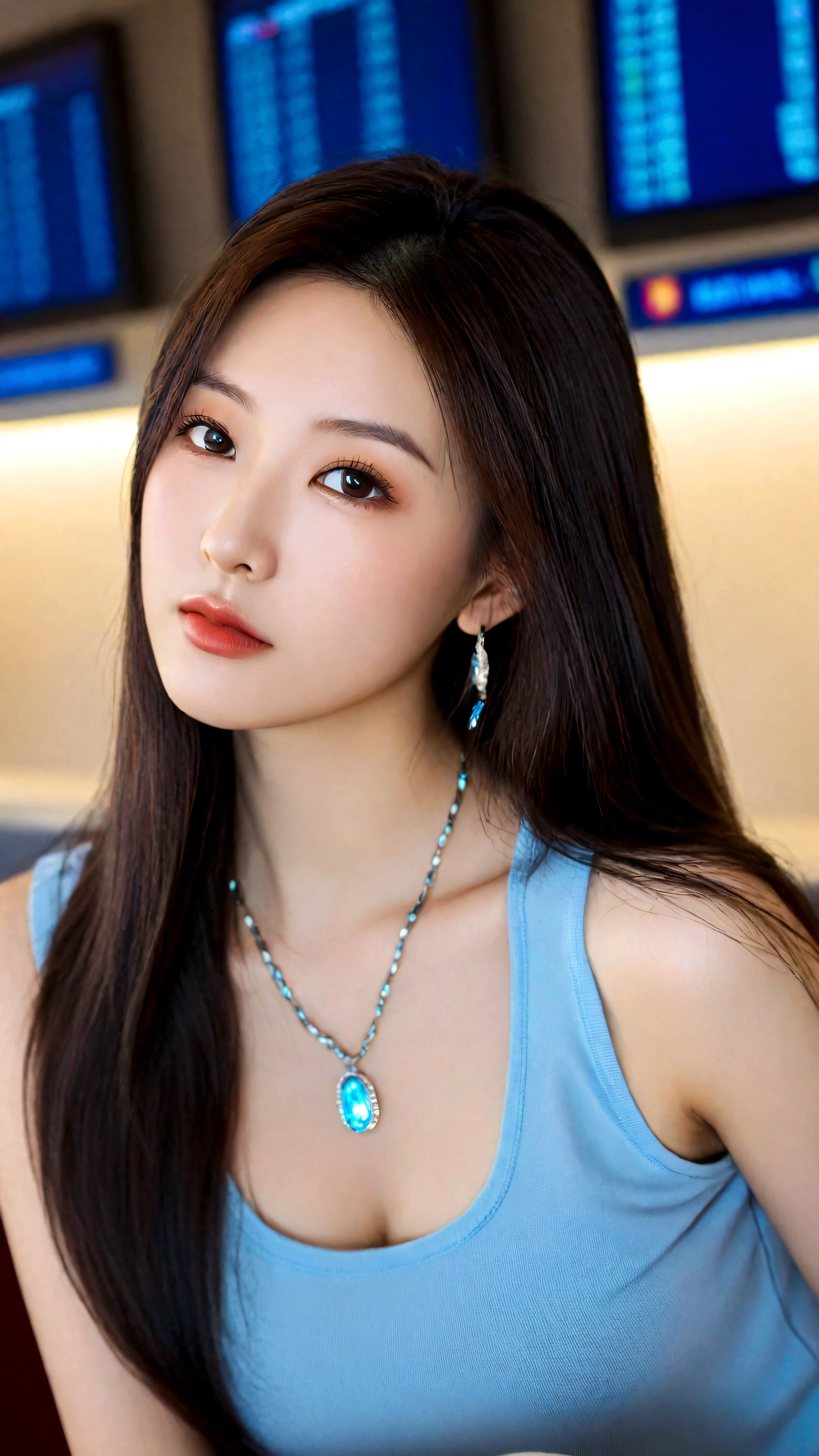 extreme close-up of beautiful Chinese female, big nose, straight long hair, 38 inch breasts size, necklace, wearing fitting tank top, sitting in terminal lounge, bokeh background, UHD