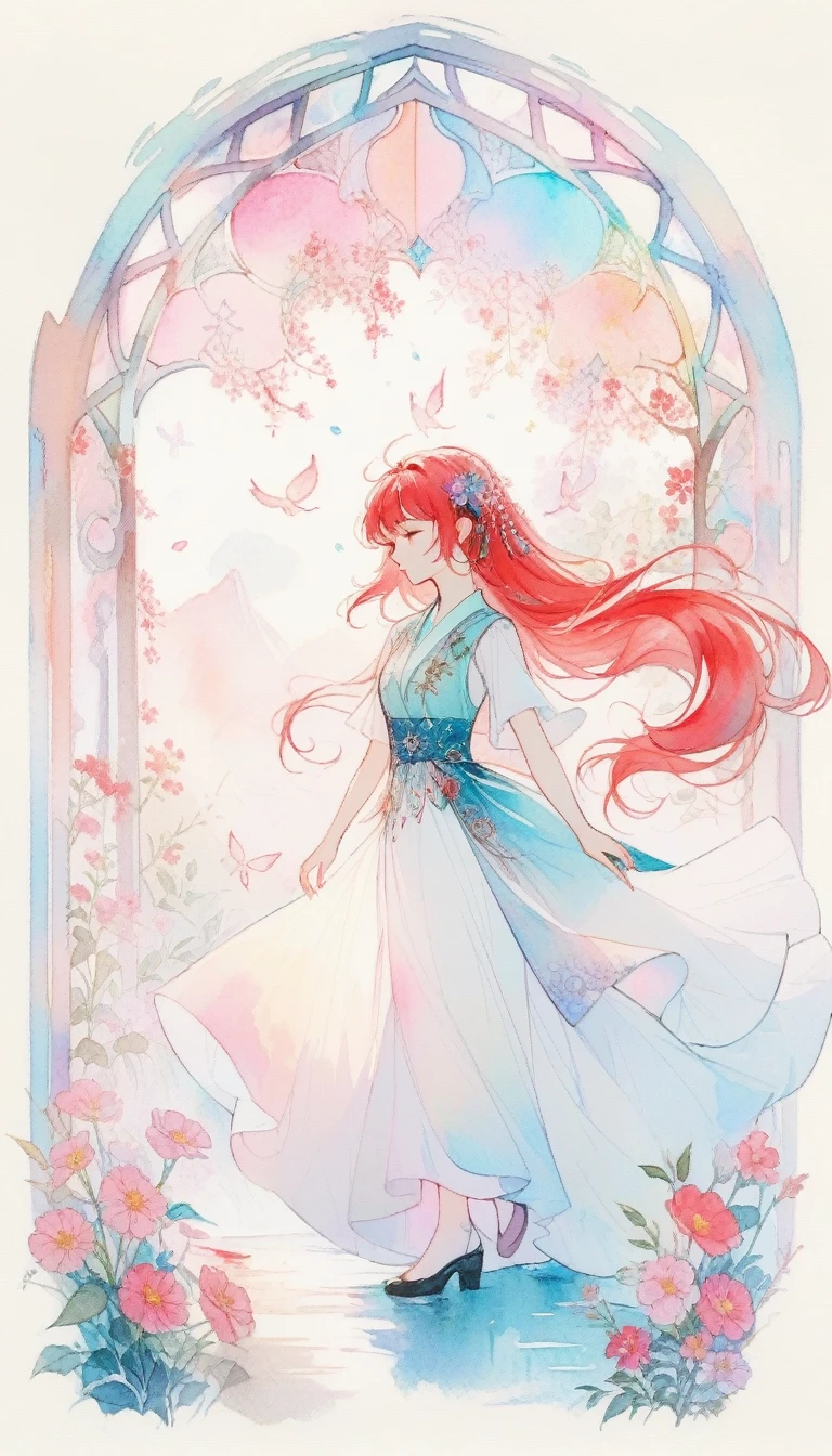 Tidal Games,Lex Ray, Color hair, wind, 飞舞的flower瓣, Stained glass, decorate, Intricate details, dufkova, 2D, Line Art, watercolor, ink watercolor, 随机颜Color hair, Extra long hair, Wavy, 1 Girl,alraune,flower, alraune,  
