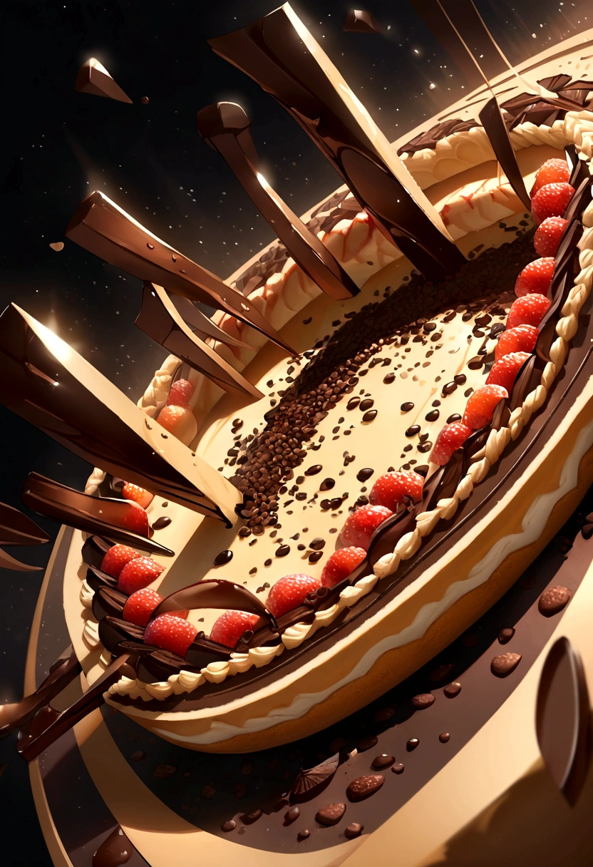 On a black background sprinkled with cocoa powder、Cheesecake art with falling fruit and chocolate, Trending on Art Station, Sharp focus, Dynamic Studio Photography Lighting, Dynamic configuration, Intricate details of dynamic angles, Very detailed, By Gregg Rutkowski