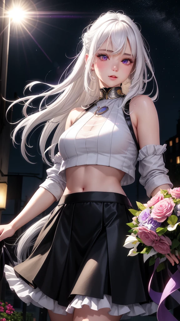 realistic, 1girl, white hair, purple eyes, glowing eyes, crop top, skirt, parted lips, blush, night, flowers, sun, sunlight,