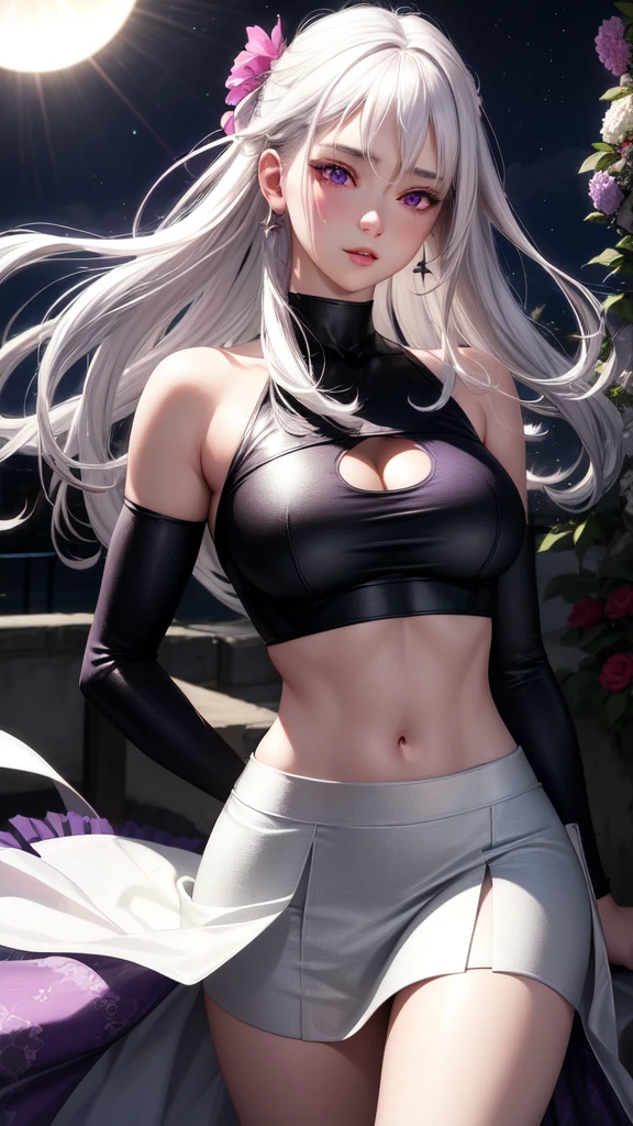 realistic, 1girl, white hair, purple eyes, glowing eyes, crop top, skirt, parted lips, blush, night, flowers, sun, sunlight,